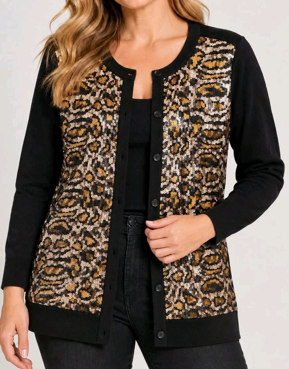 Jingle Belle By Kim Gravel Large Black Animal Print Sequin Cardigan A711071 NWOT